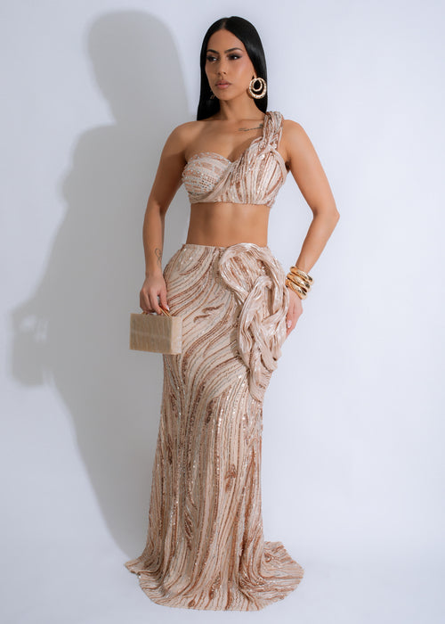 Opulent Waves Sequin Mesh Skirt Set Nude in elegant champagne color with sparkling sequins and intricate mesh details