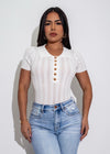 White knit polo long top with elegant design and essential style