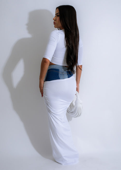 Two-piece denim skirt set featuring ruched details and in white color