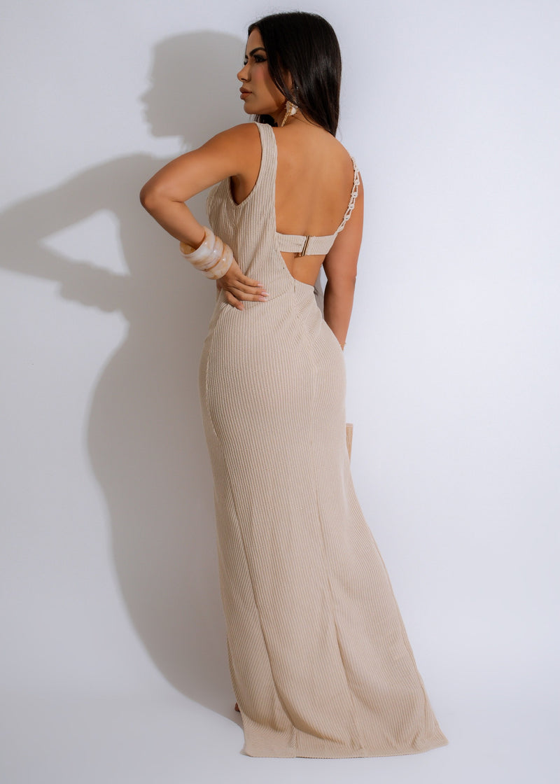 Full-length nude-colored Breeze Knit Maxi Dress with flowing fabric and elegant design