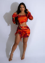 Fiery orange mesh mini dress with floral pattern and ruffled hem