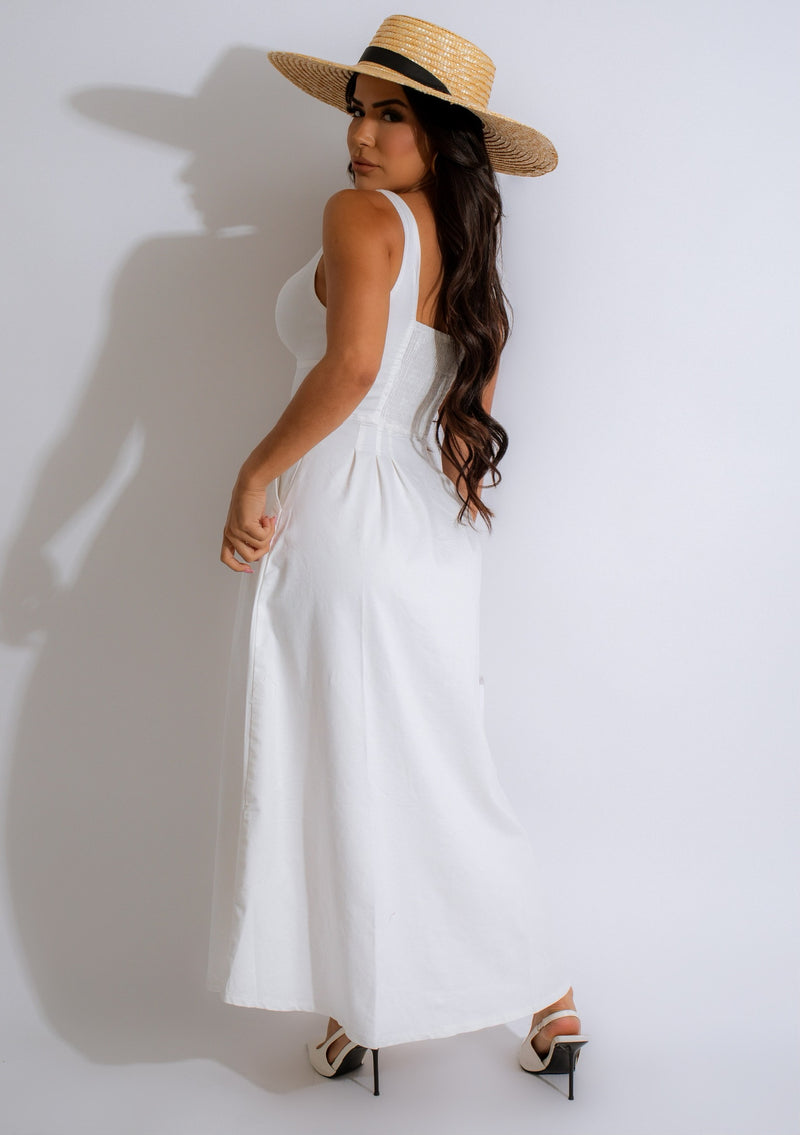 Timeless Feel Midi Dress White - Back view of flowy white dress with delicate lace sleeves and timeless design