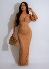 Alt text: Beautiful nude crochet maxi dress with intricate dancing star pattern