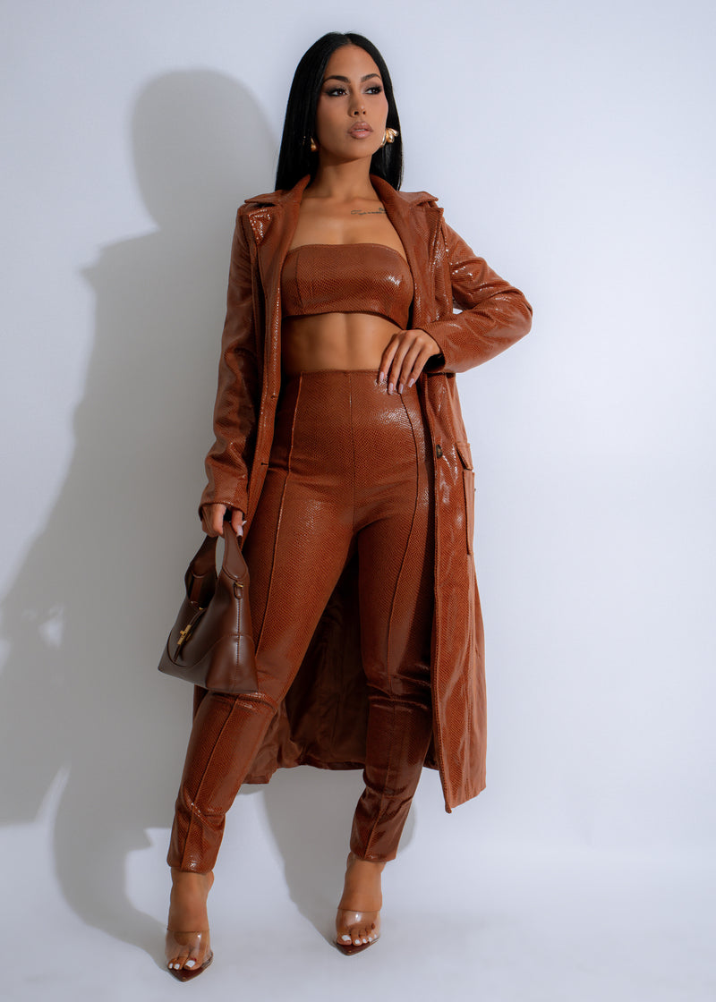  Serpent Luxe Faux Leather Pant Set Brown - Close-up of Textured Fabric