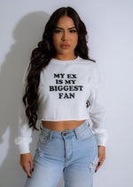 Alt text: White sweater with the text 'My Ex is a Fan' in bold black letters, a cozy and stylish choice for any occasion