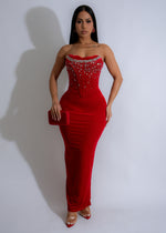 Eternal Night Velvet Rhinestone Maxi Dress Red with elegant off-the-shoulder design and sparkling rhinestone embellishments