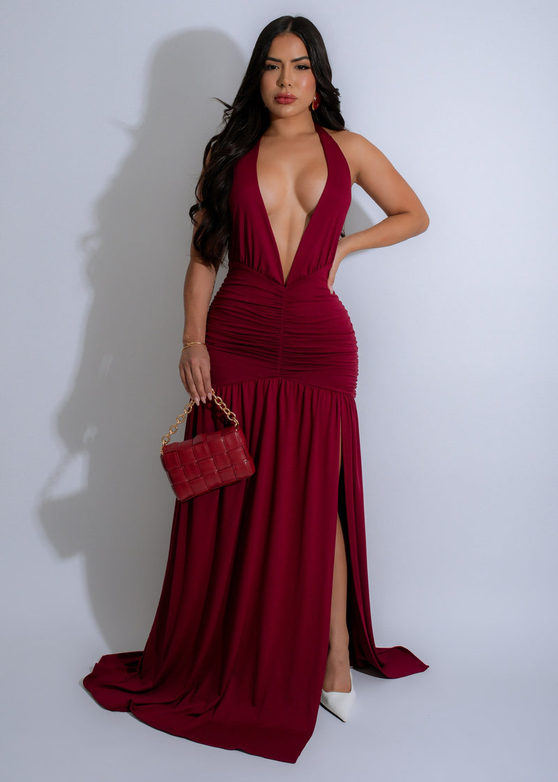 Nocturnal Flow Ruched Maxi Dress Burgundy with V-neck and flowy silhouette