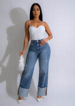 Women's trendy light wash denim jeans with cuffed bottom