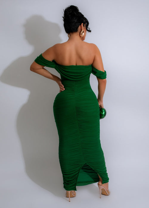  Sunset Drape Mesh Maxi Dress Green: A close-up of the intricate drape mesh details on the green maxi dress, showcasing its elegant and airy design