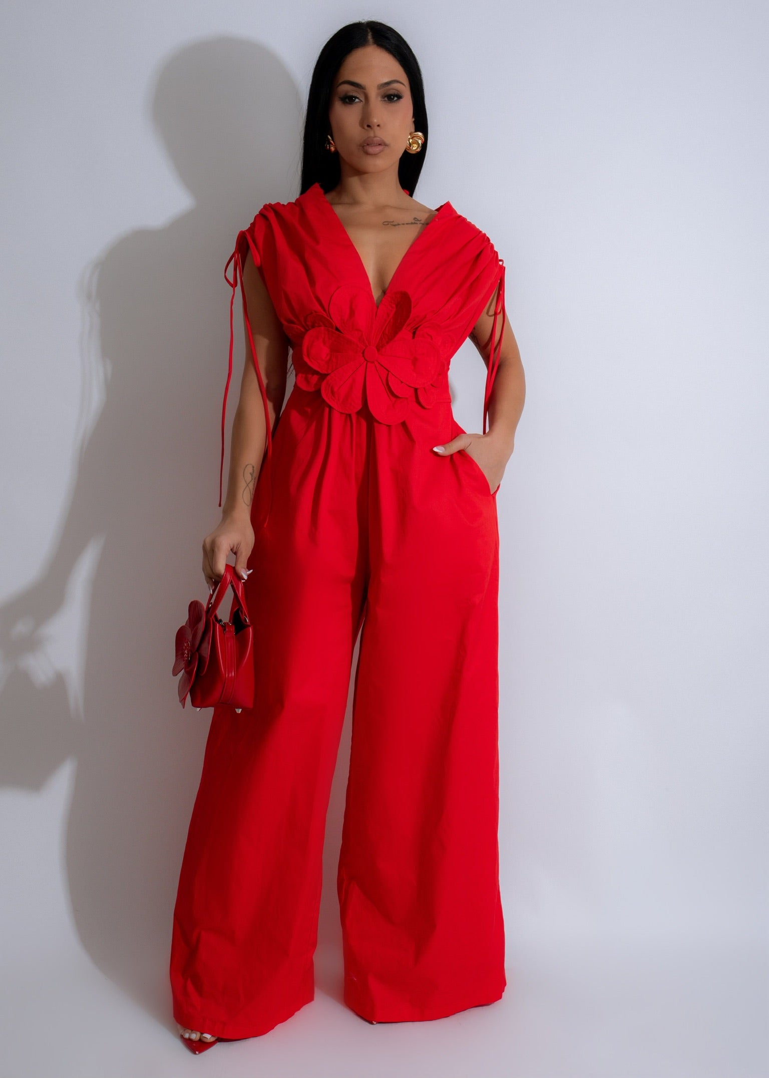 Diva Boutique Petal Whisper Floral Jumpsuit Red Red Small