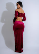 Lunar Fusion Velvet Maxi Dress Red, back view, elegant V-neckline, adjustable spaghetti straps, flattering empire waistline