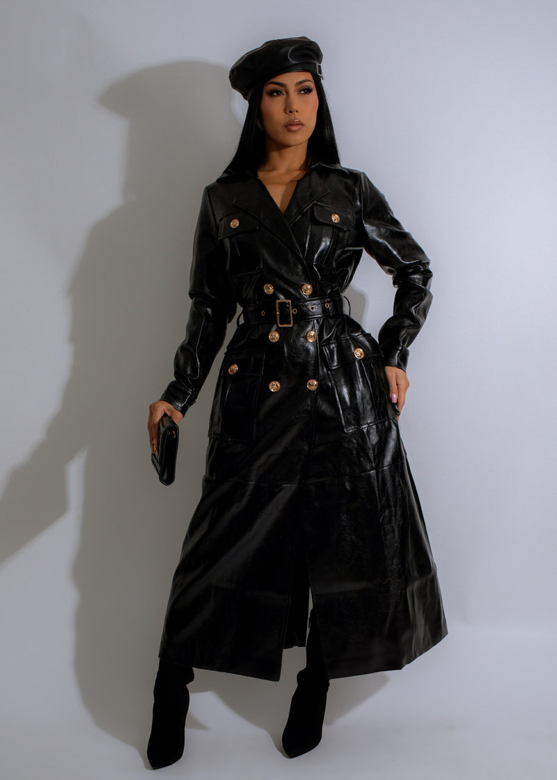 Stylish and sophisticated black Obsidian Luxe faux leather coat for women 