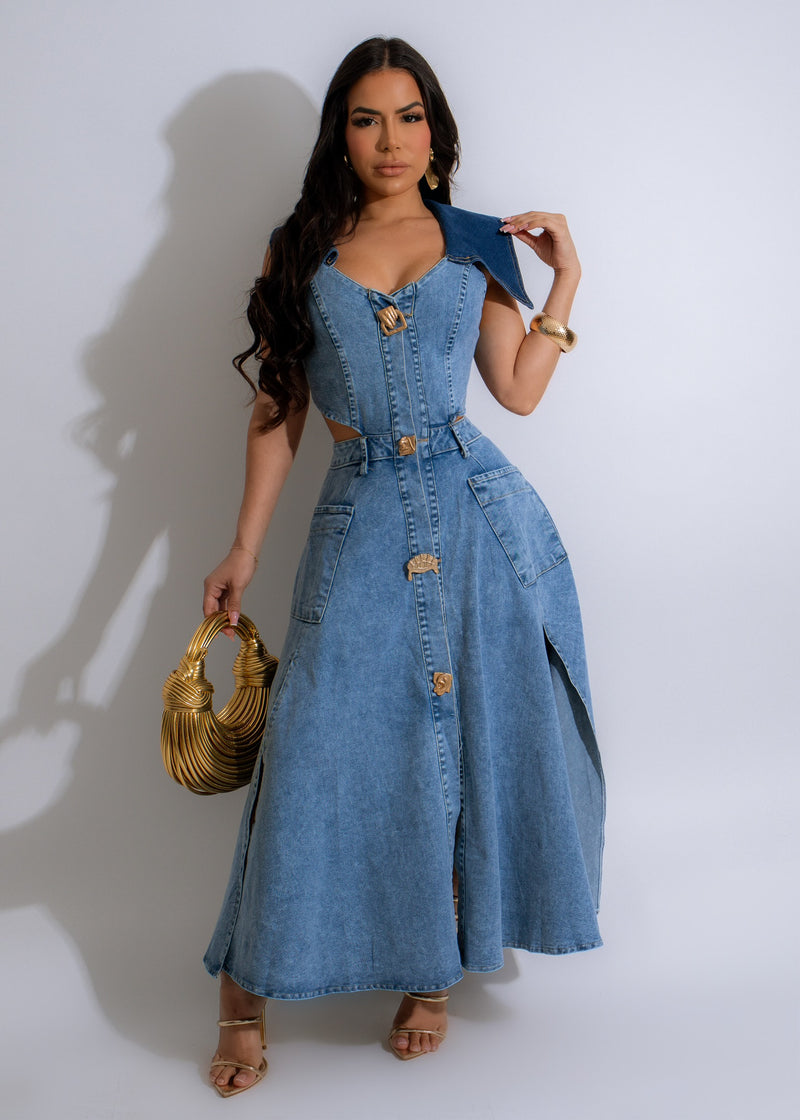 Beautiful light denim midi dress with a relaxed fit and flowing silhouette, perfect for casual summer days and evenings out