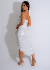  Stylish and glamorous white midi dress with metallic sheen and ruched detailing, perfect for formal occasions