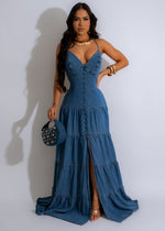 Sweet Girl Denim Maxi Dress in Dark Denim, a comfortable and stylish option for casual or dressy occasions