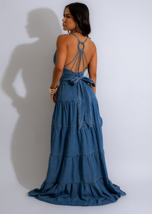 Sweet Girl Denim Maxi Dress Dark Denim, a stylish and versatile outfit for any casual occasion