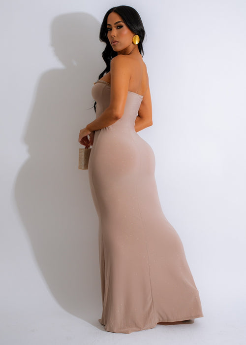 This Far Glitter Ruched Maxi Dress Nude