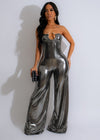 Shimmering silver metallic jumpsuit with a sleek and stylish design