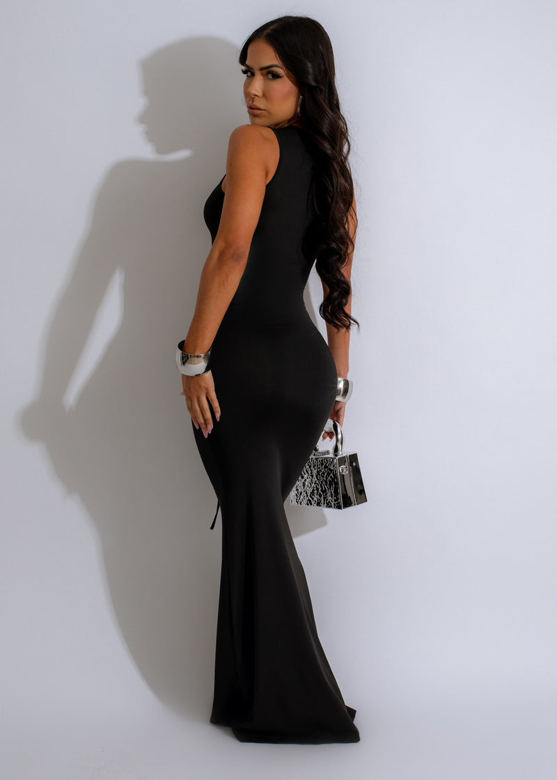 Elegant and versatile black maxi dress with flattering v-neckline and side slit