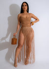 Sexy brown fringe maxi dress with a halter neckline and flowy skirt