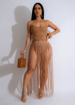 Sexy brown fringe maxi dress with a halter neckline and flowy skirt