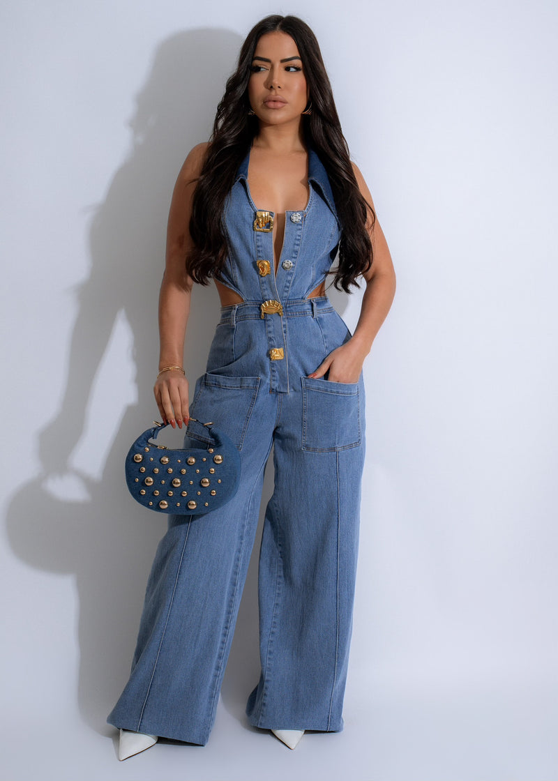 Verdant Venture Jumpsuit Light Denim: Casual and comfortable denim jumpsuit for women