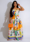 Pop Art Maxi Dress Nude in retro style with colorful patterns