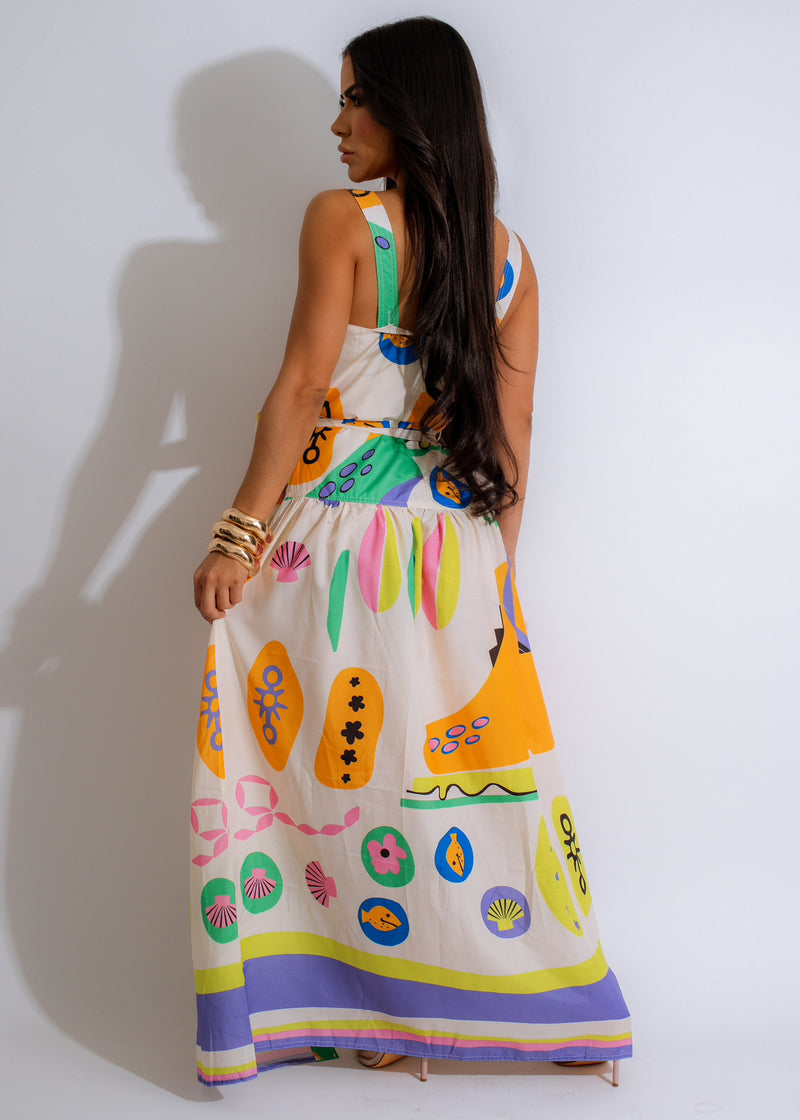 Flowing and elegant Pop Art Maxi Dress Nude with vibrant design