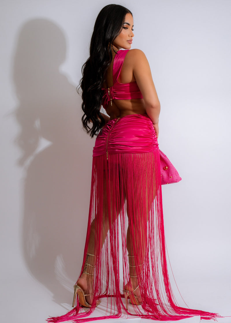 Captivating Fringe Ruched Maxi Dress Pink - Elegant and stylish summer dress with beautiful fringe details and flattering ruched design in a lovely pink hue