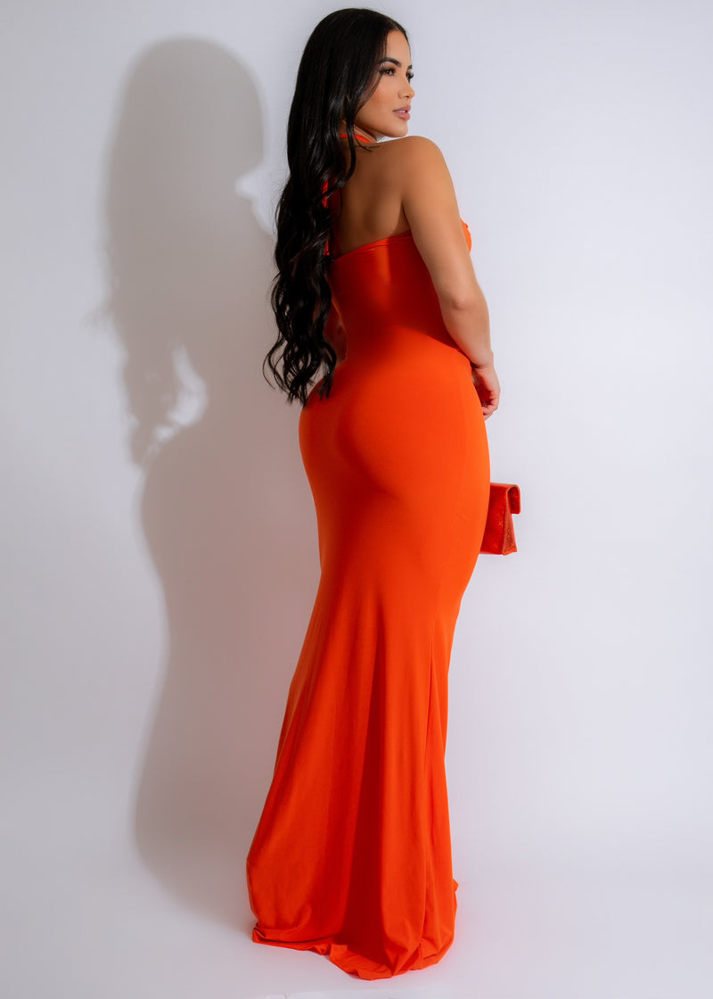 Beautiful and chic She's Confident Ruched Maxi Dress Orange, a must-have fashion piece featuring a flattering ruched design and a stunning orange color, ideal for making a statement