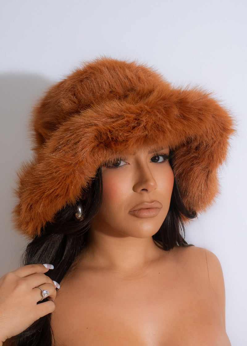 White Winter Fur Bucket Hat Brown - a stylish and cozy accessory for cold weather fashion