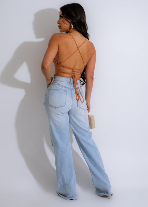 Sexy and stylish brown bodysuit with lace-up front and high-cut legs