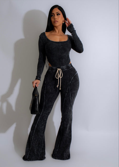 Retro Drift Ribbed Pant Set Black - Front view of black ribbed pants and matching top with white stripes and drawstring waist
