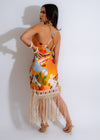 Tulum Crochet Fringe Silk  Midi Dress Orange