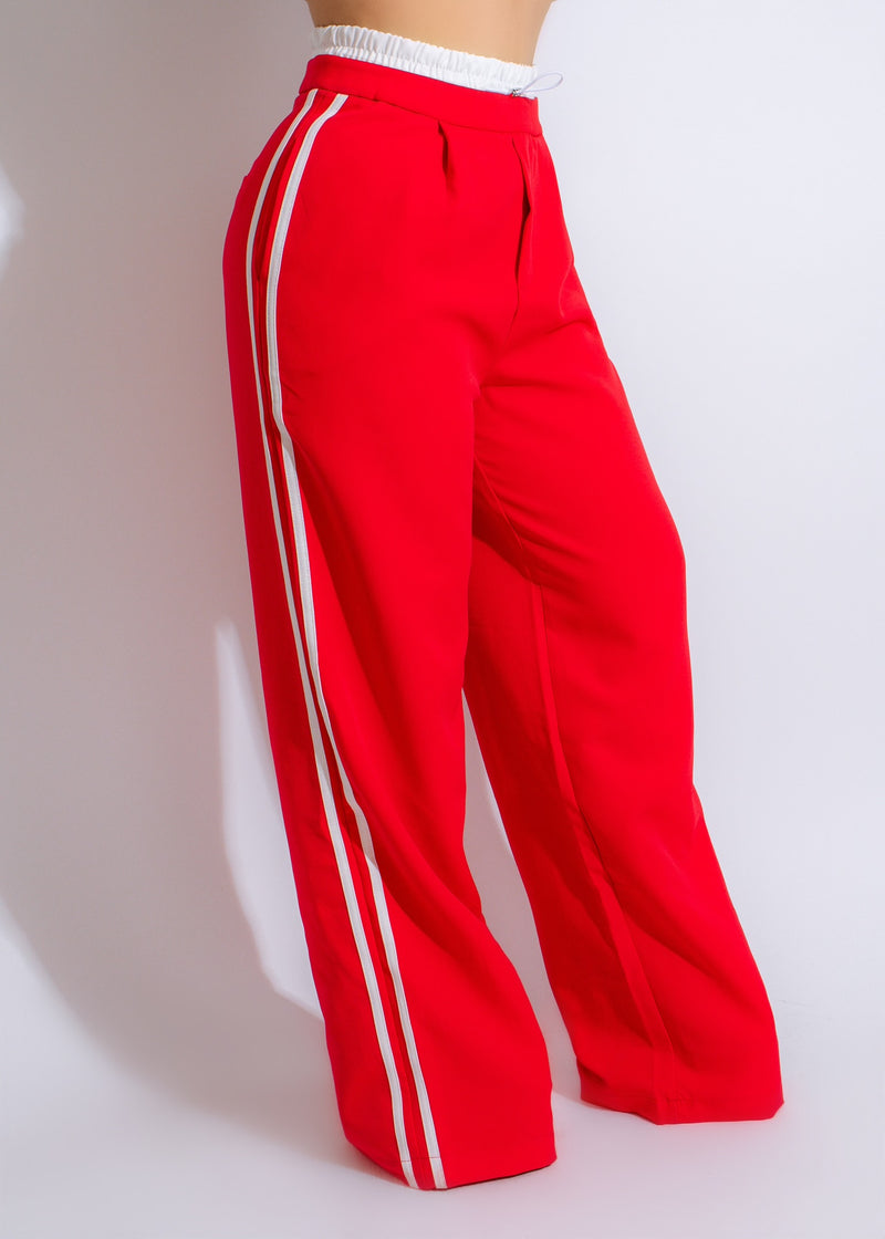 Stylish and trendy Urban Stripe Track Pants Red with side pockets and tapered leg design for a modern look