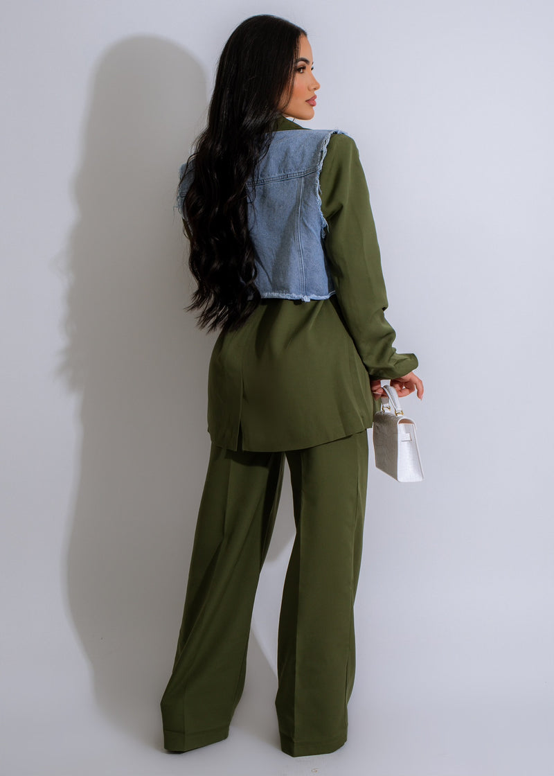  Fashionable and versatile green denim pant set from Remember Me with a matching jacket and comfortable fit