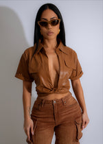 Faux leather crop top in brown with canyon breeze design