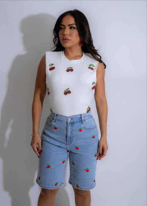 White crop top with cherry print and rhinestone embellishments, perfect for a sweet and stylish look