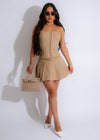 Elegant Pleated Mini Dress Nude in soft, neutral color with intricate detailing