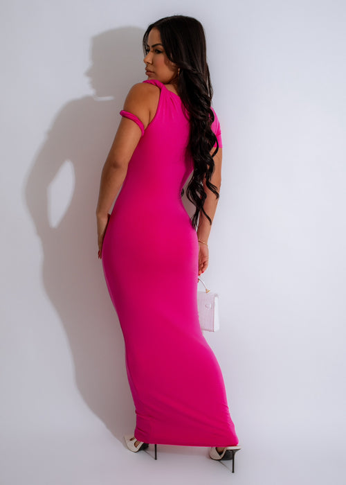 Model wearing the Twist of Charm Maxi Dress Pink, showcasing the elegant, floor-length silhouette and feminine, romantic appeal