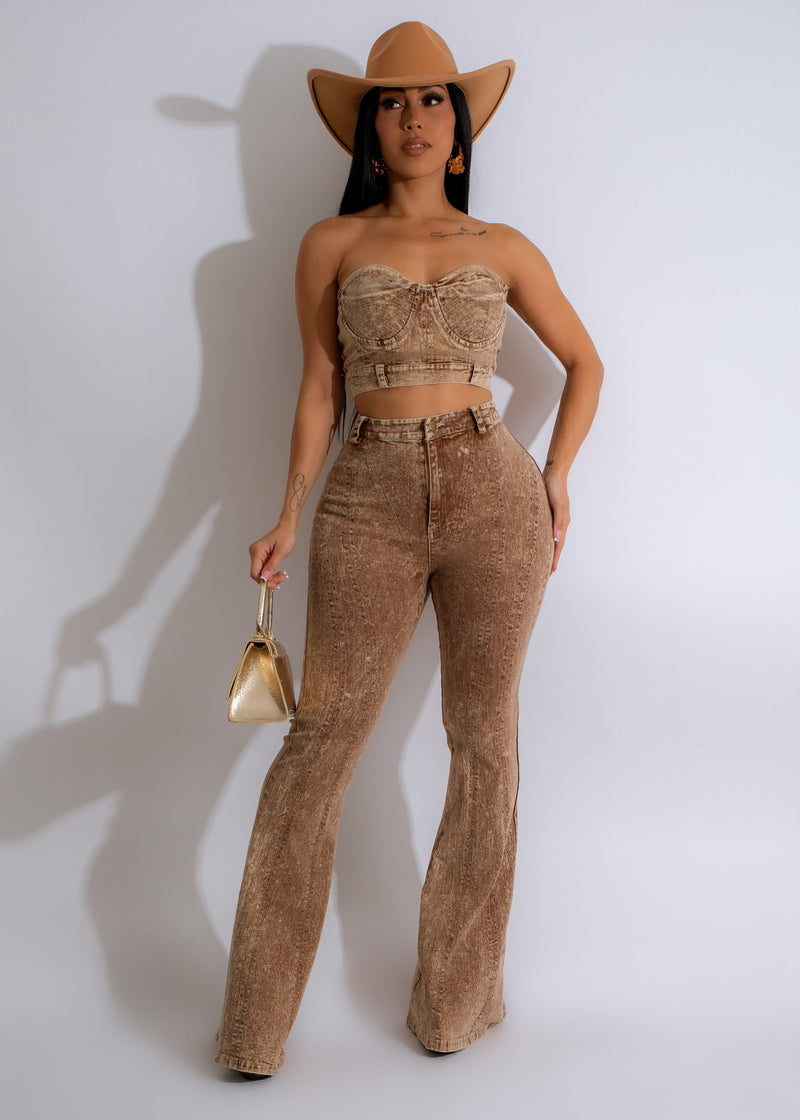 All The Details Denim Pant Set Brown: A close-up of the brown denim pants with intricate stitching and details, perfect for a stylish and comfortable look 