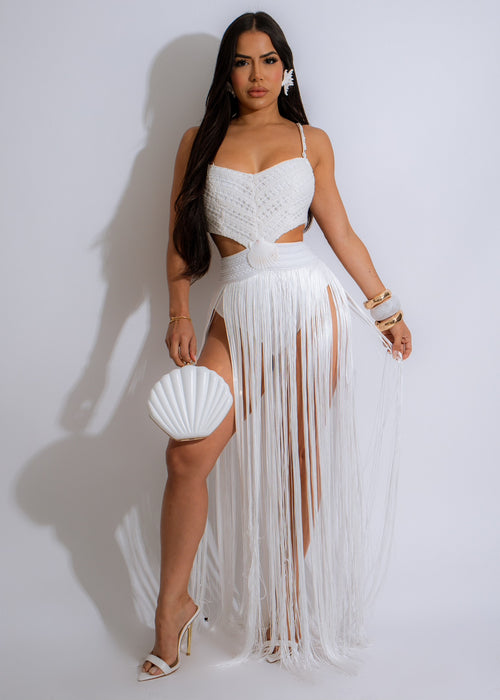 Iconic Girl Fringes Maxi Dress White - Front view of elegant white dress with fringes and flowy design 