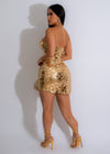 Night In The Sequin Rhinestone Mini Dress Gold, close-up, exquisite details of the shimmering sequins and rhinestones on the gold dress