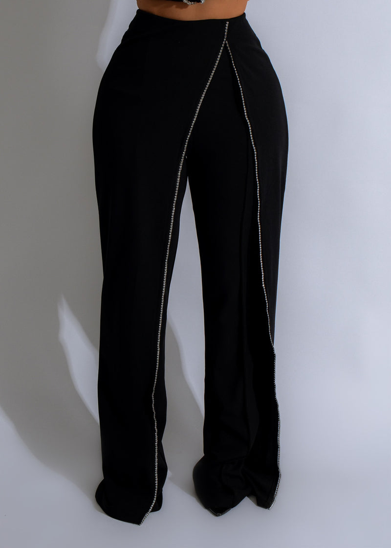 Black pants with stunning crystal drape rhinestones for a glamorous look