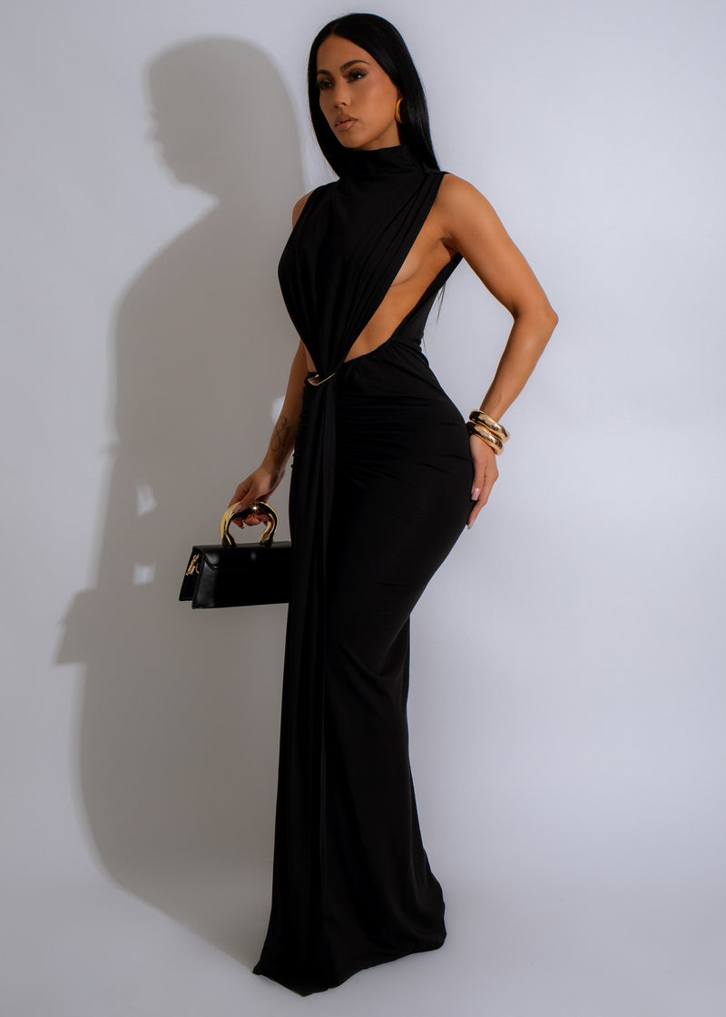 Vibrant Elegance Ruched Maxi Dress Black - Elegant and stylish black dress with ruched detailing