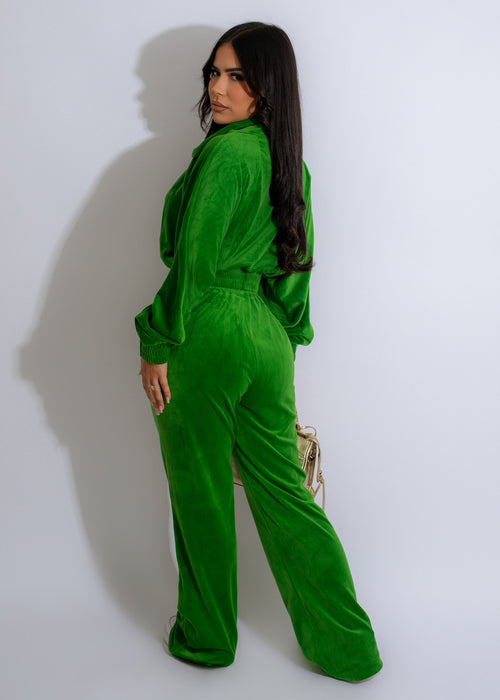  Stylish and trendy Why Wait Velvet Pant Set in beautiful green color, featuring soft and cozy velvet fabric with a flattering silhouette