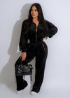 Why Wait Velvet Pant Set Black - A luxurious black velvet pant set with a flattering fit