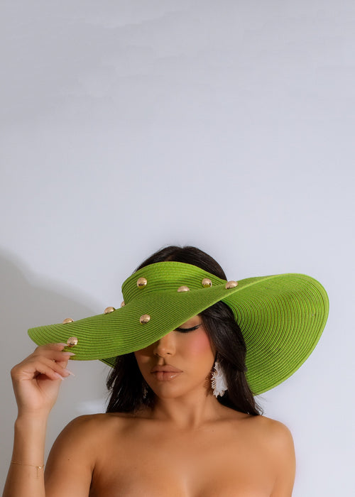 Stylish green Days In Malibu Hat with wide brim and adjustable strap for outdoor activities and sun protection