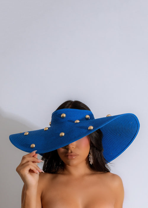 Stylish blue Days In Malibu Hat with wide brim and adjustable strap for ultimate sun protection and beach vibes