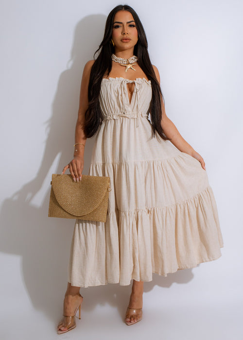 With Love Linen Midi Dress Nude in elegant neutral shade for summer